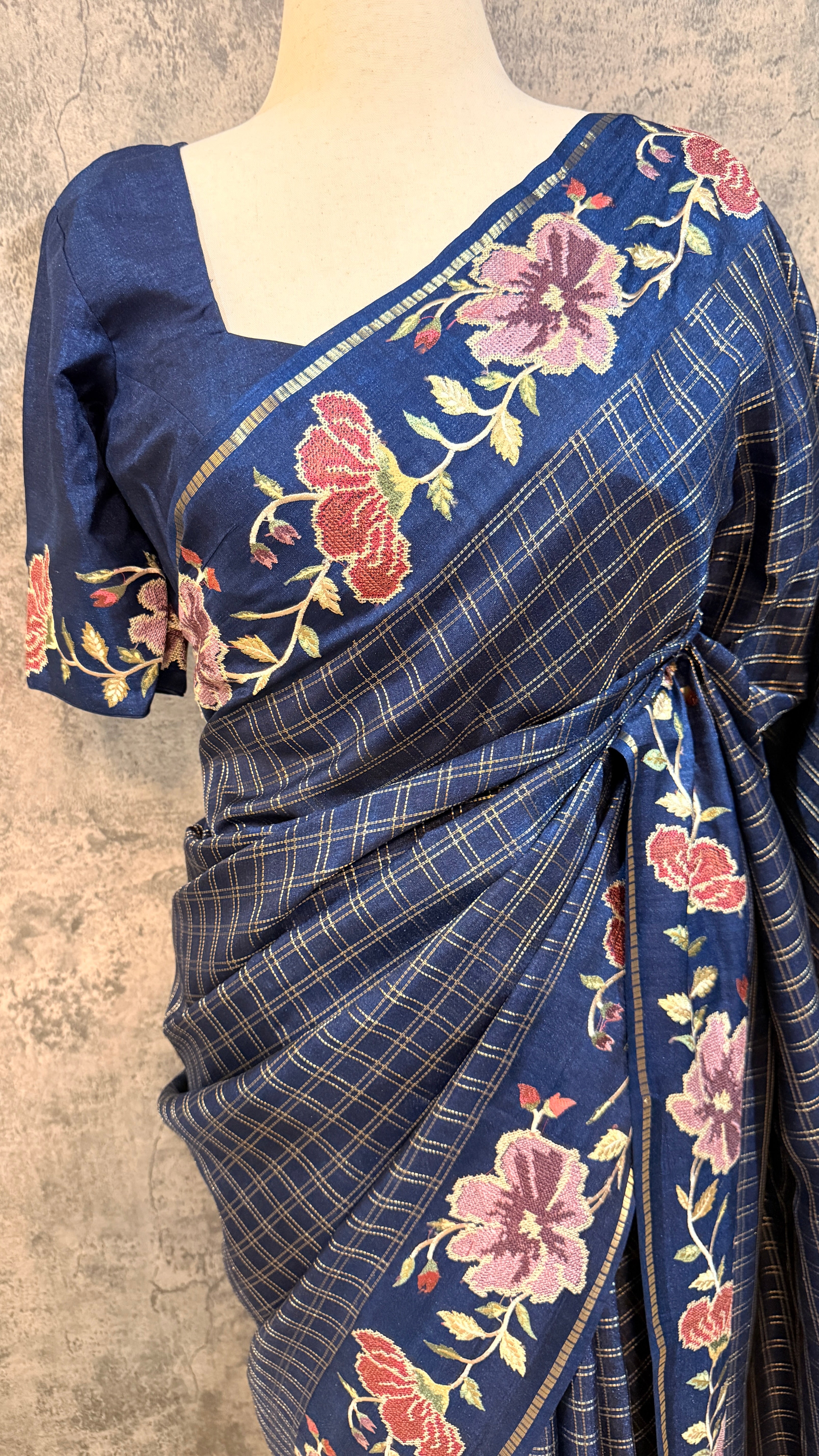Semi tussar saree with embroidery and stitched blouse