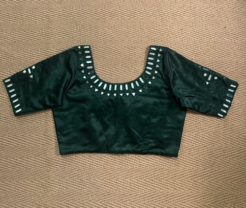 Bottle green modal silk blouse with mirror work