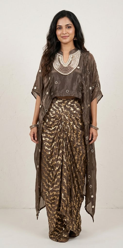 designer top with drape skirt