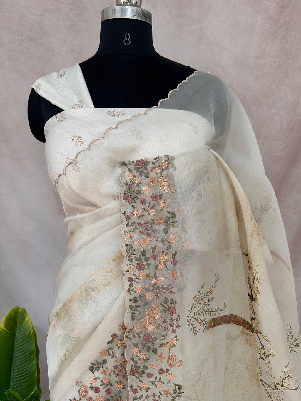 Silk organza saree with digital print and embroidery border, with BP