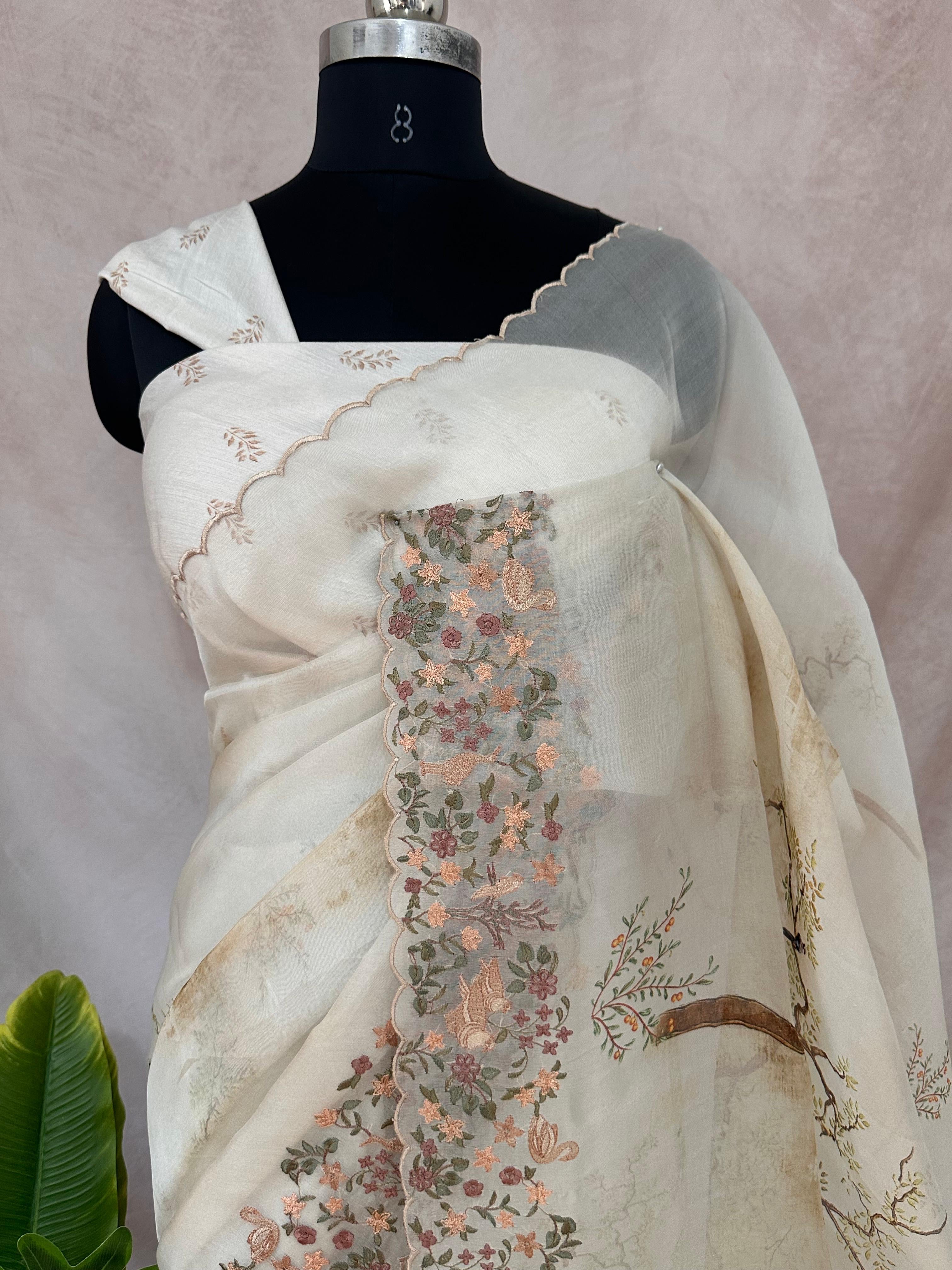 Silk organza saree with digital print and embroidery border, with BP