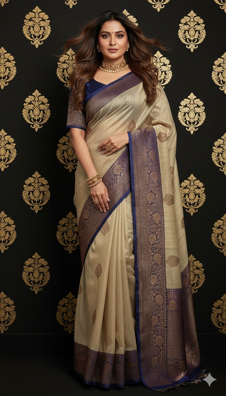 Pure silk Tussar Banarsi saree with stitched blouse