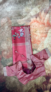 Brick red floral printed semi tussar silk saree with stitched blouse