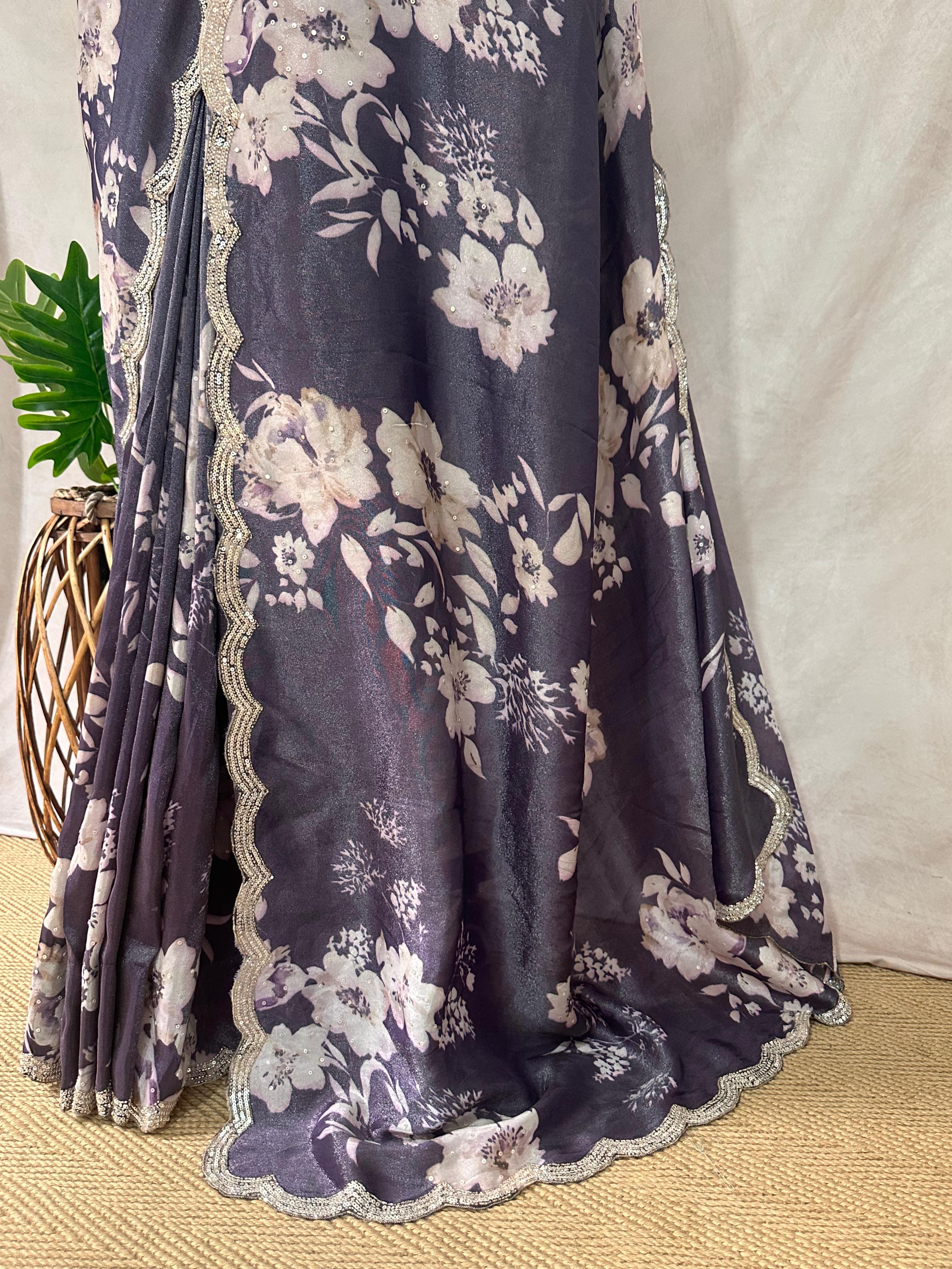 Purple designer crepe tissue saree with floral print and desiger blouse