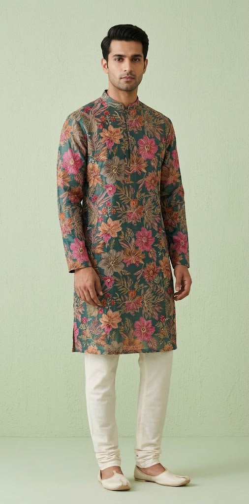 Green printed designer kurta with embroidery