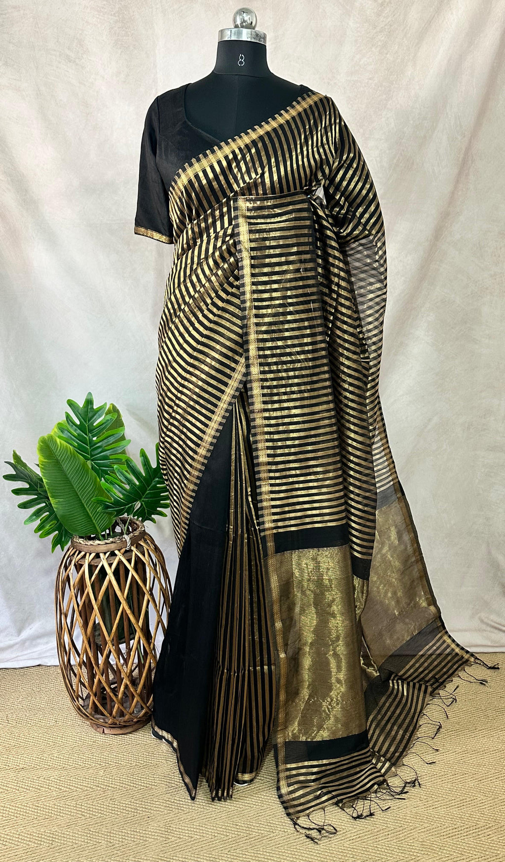 Maheshwari tissue silk saree with stripe and stitched blouse