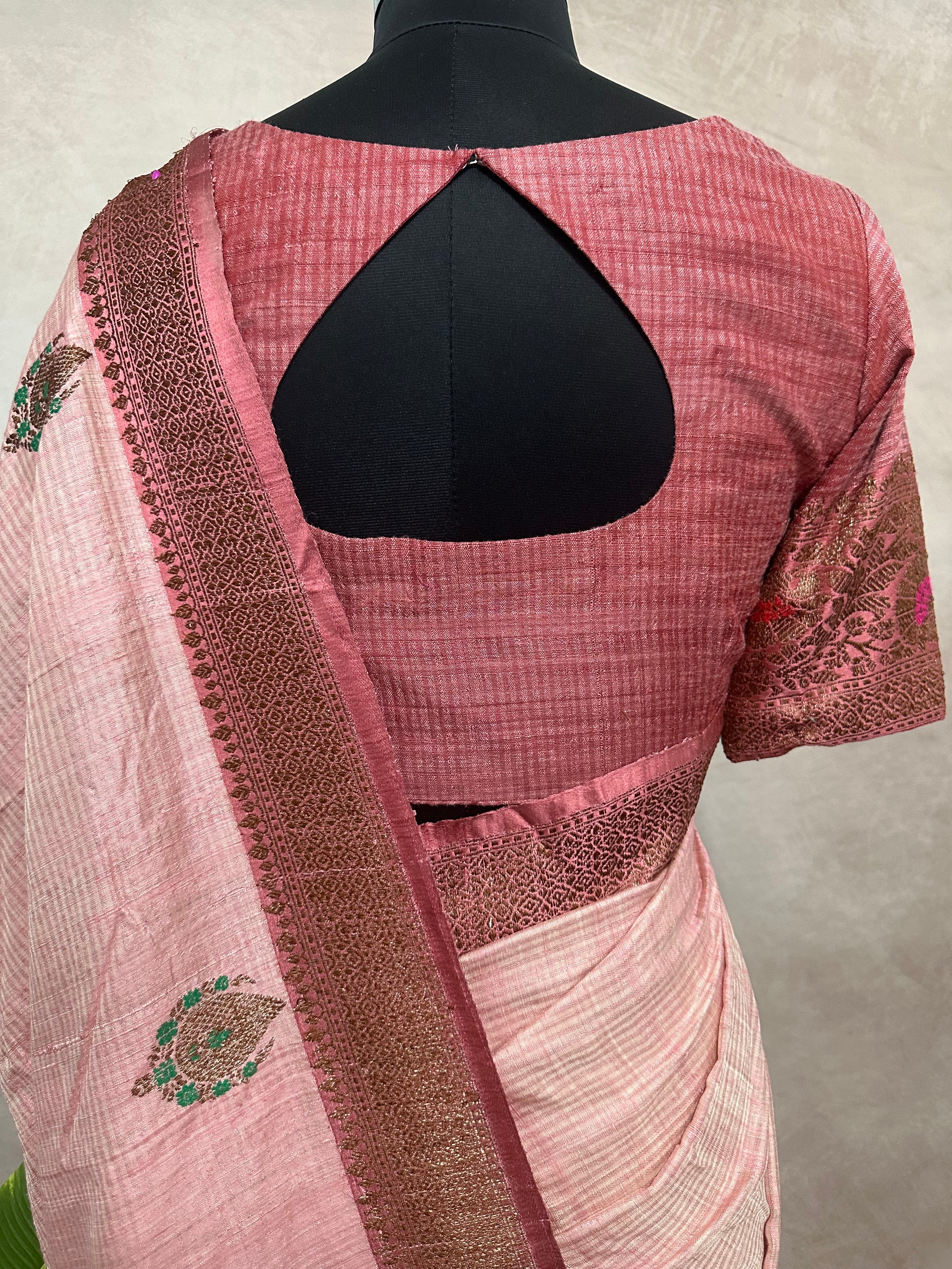 Light pink dupion silk saree with meenakari weave and stitched blouse