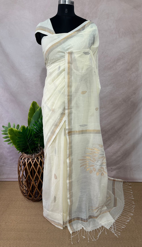 Bodhi - Pure cotton Cream color saree with Handloom jamdhani weave
