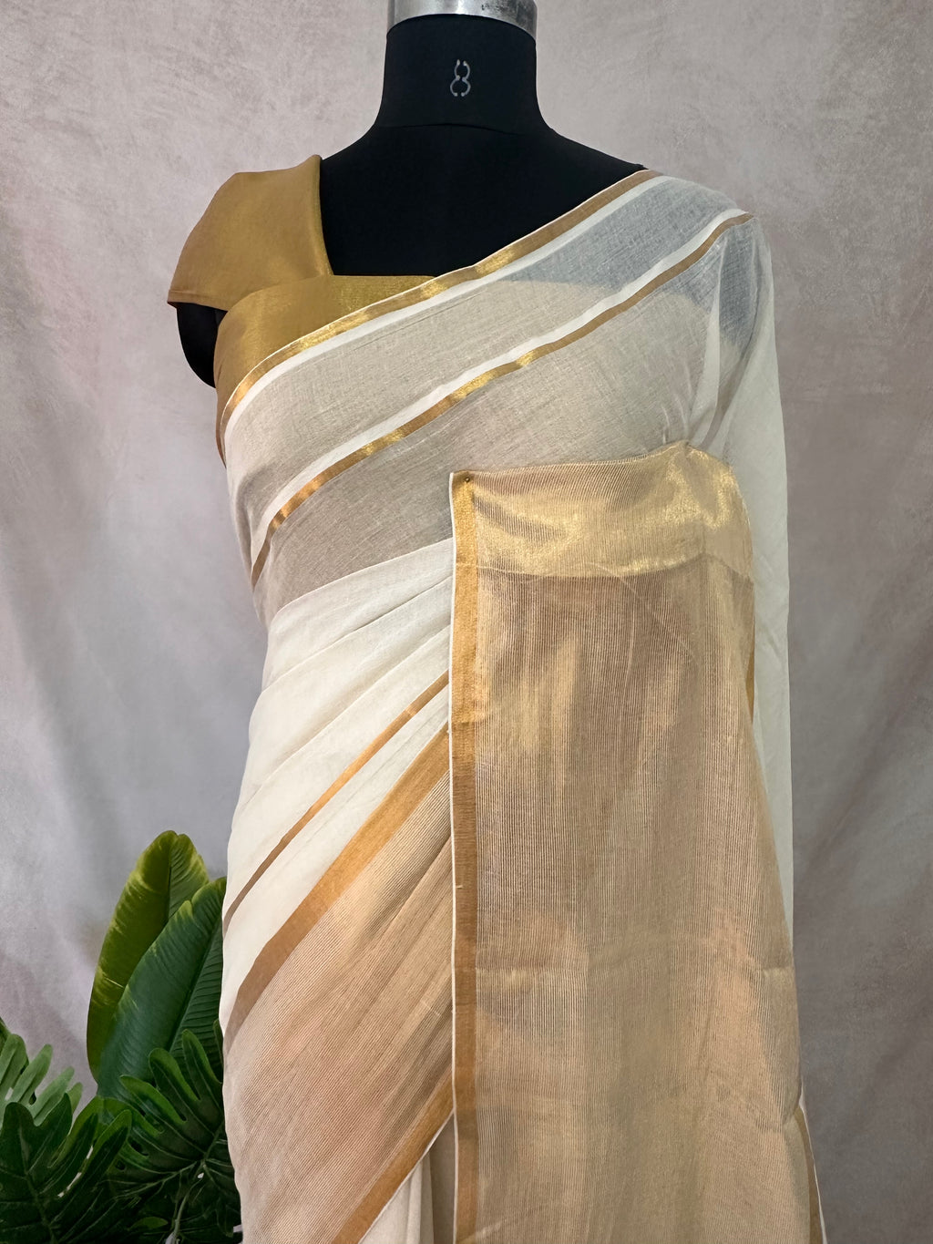 Gold 120 count mulcotton saree with zari lines