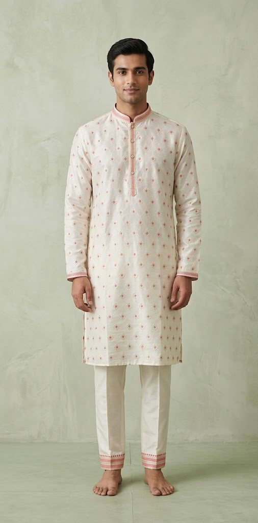 White cotton silk kurti with gold and pink self embosed emroidery