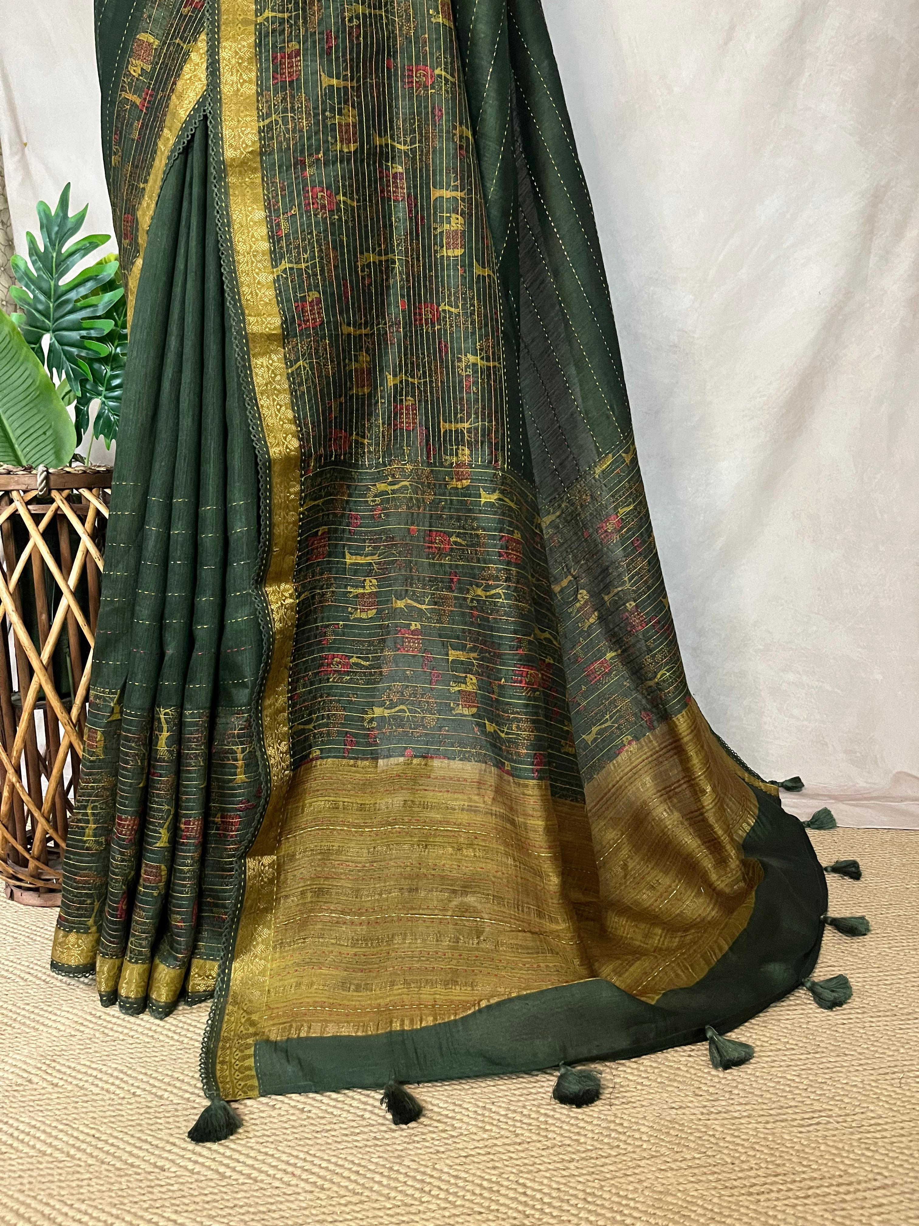 Green and yellow  blended  tussar silk saree with digital print and highlighted kantha work, includes BP