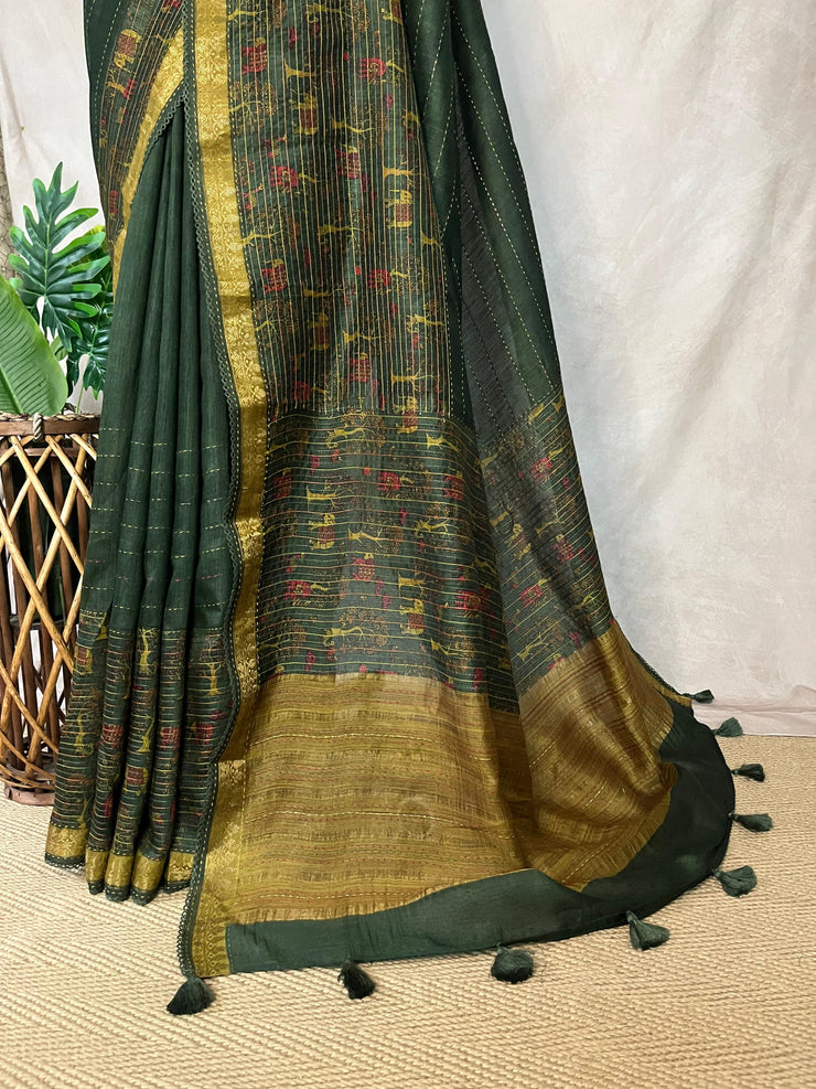 Green and yellow tussar silk saree with digital print and highlighted kantha work, includes BP