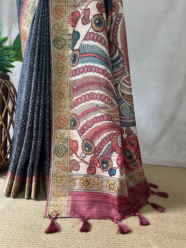 Semi tussar silk bandini and kalamkari print saree, with BP