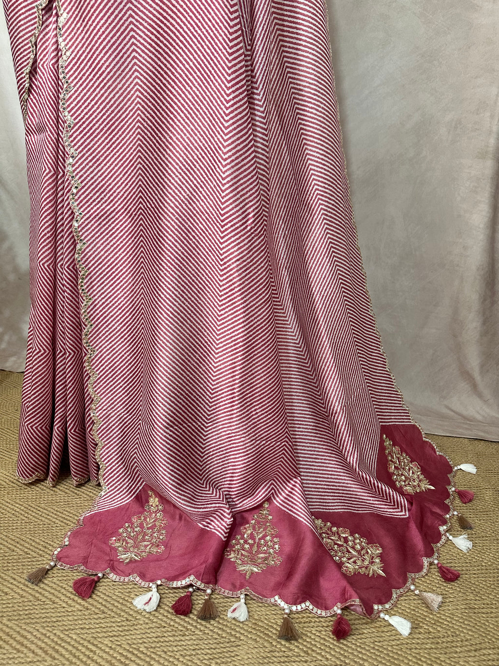 Lahariya printed tussar silk saree with handwork , stitched blouse