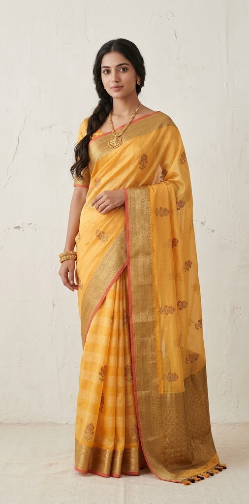 Banarsi cotton silk handloom saree with stitched blouse