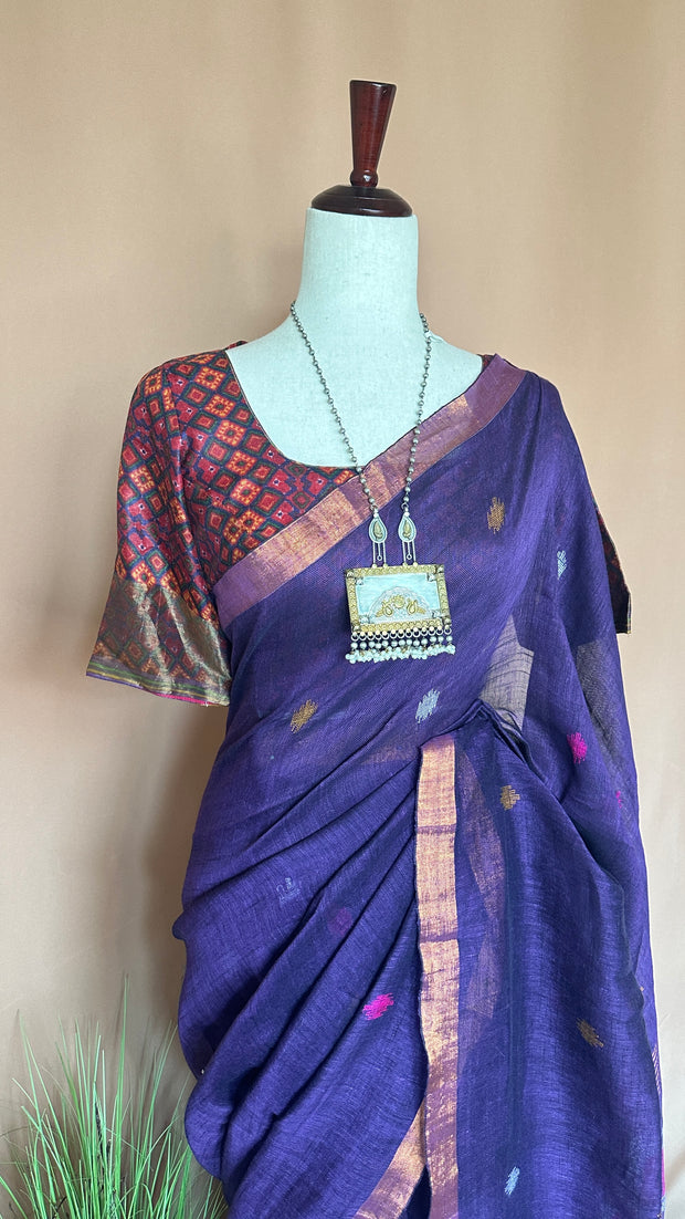 Handloom linen saree jamdani pallu