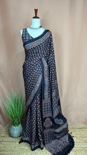 Ajrakh handblock printed modal silk saree with stitched blouse