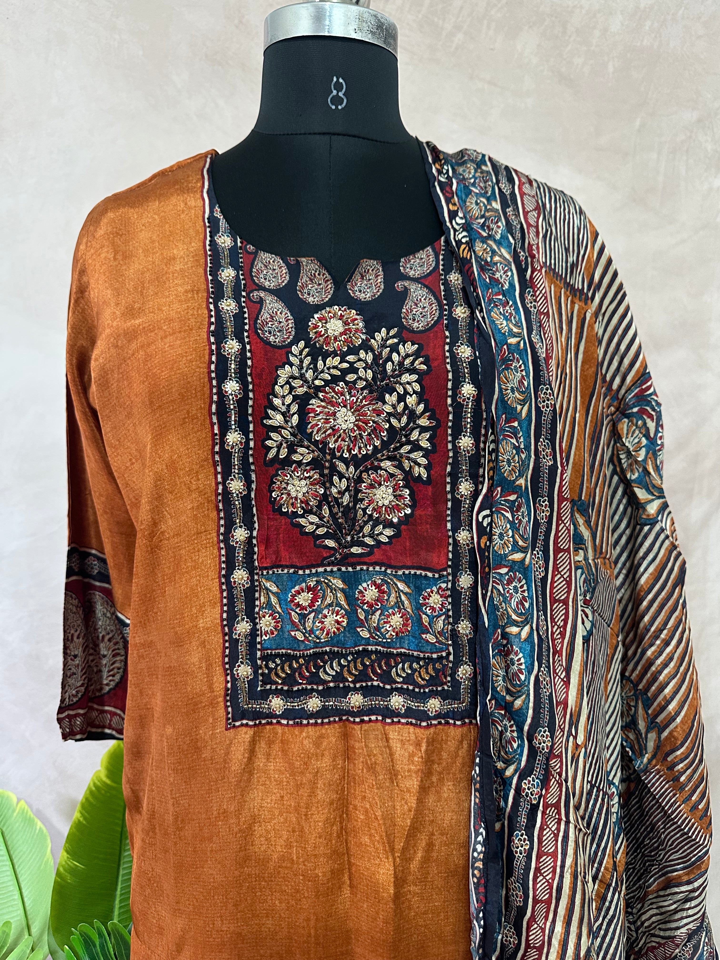 Burnt orange crepe silk designer kurti set