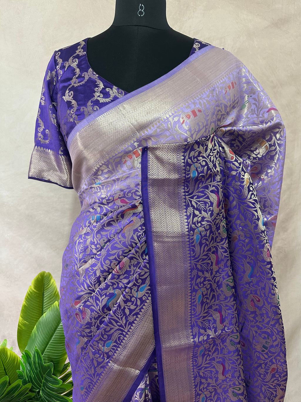 Silk saree with bird motif and meerankari weave, stitched blouse