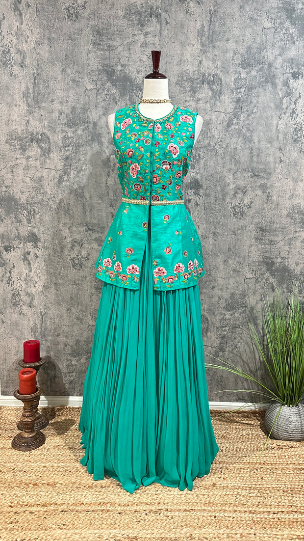 Clearance - Peacock green skirt with Embroidered peplum top (no dupatta)