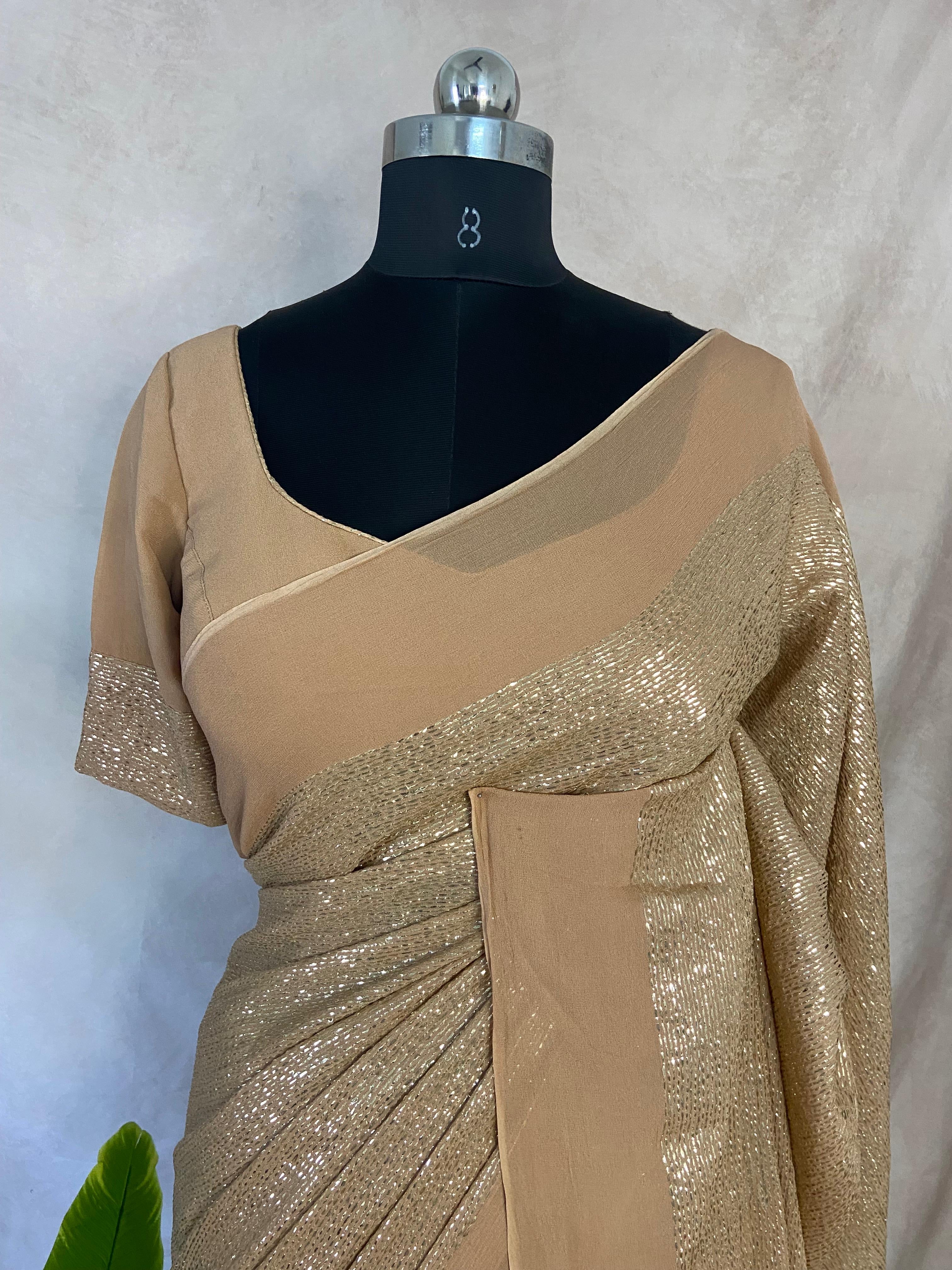 Chikku/Latte color georgette saree with gotta lines, stitched blouse