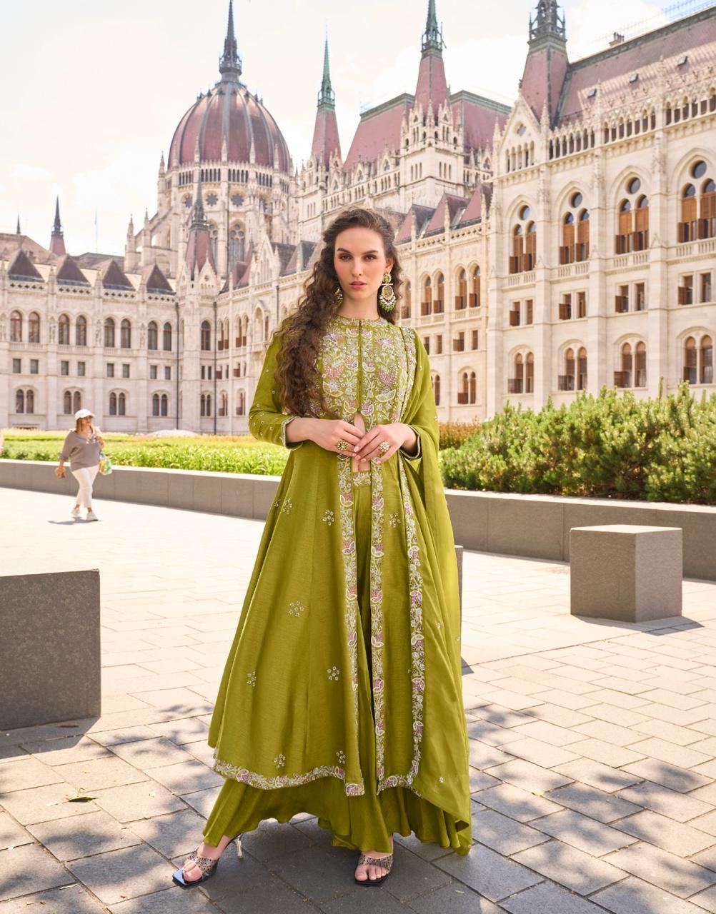 Light green long top with flared pallazo