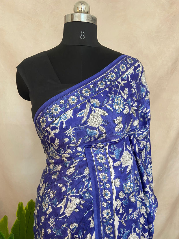 Blue vanaspathi handbloack print modal silk saree, with BP