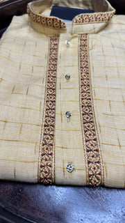 Light yellow cotton silk kurta with hand embroidery - 38