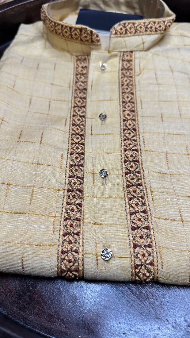 Light yellow cotton silk kurta with hand embroidery - 38
