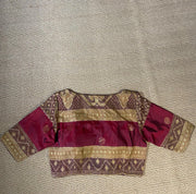 Maroon silk blouse with ikkat tissue work