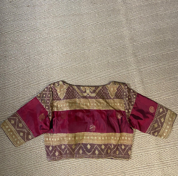 Maroon silk blouse with ikkat tissue work