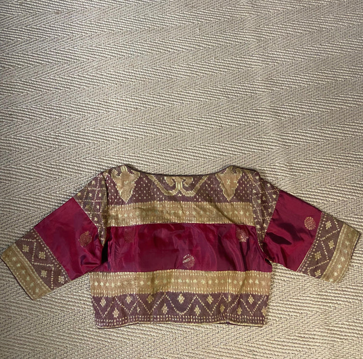 Maroon silk blouse with ikkat tissue work