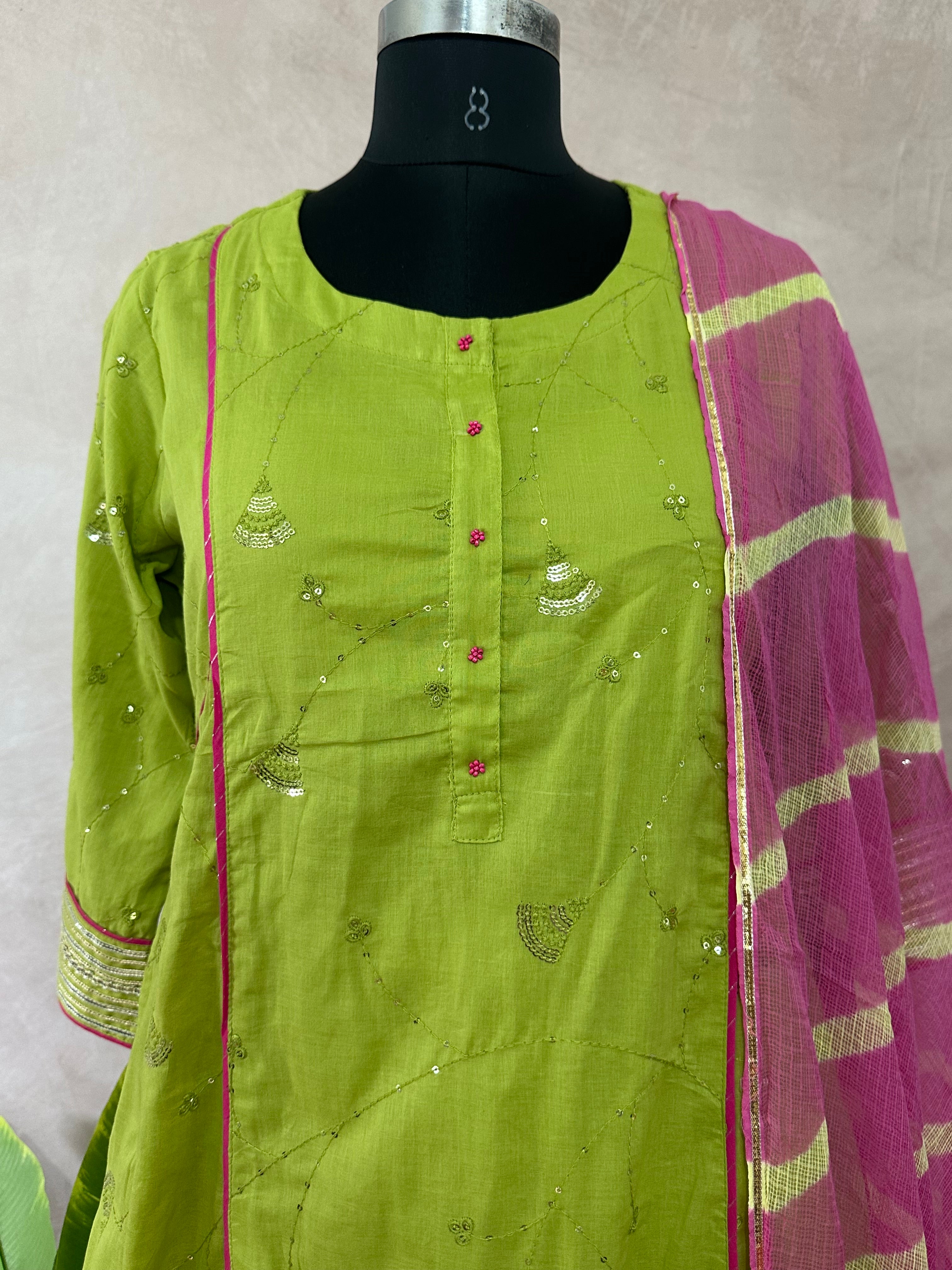 Light green chanderi anarkali kurti with bottom and pink kotta doria dupatta