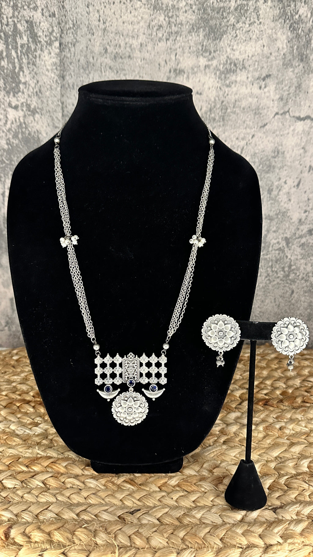 Silver replica necklace and earring - with blue stone