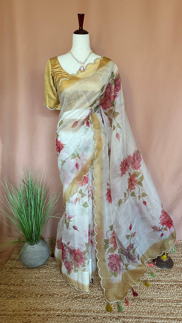 Hand painted organza silk saree with hand work, stitched blouse