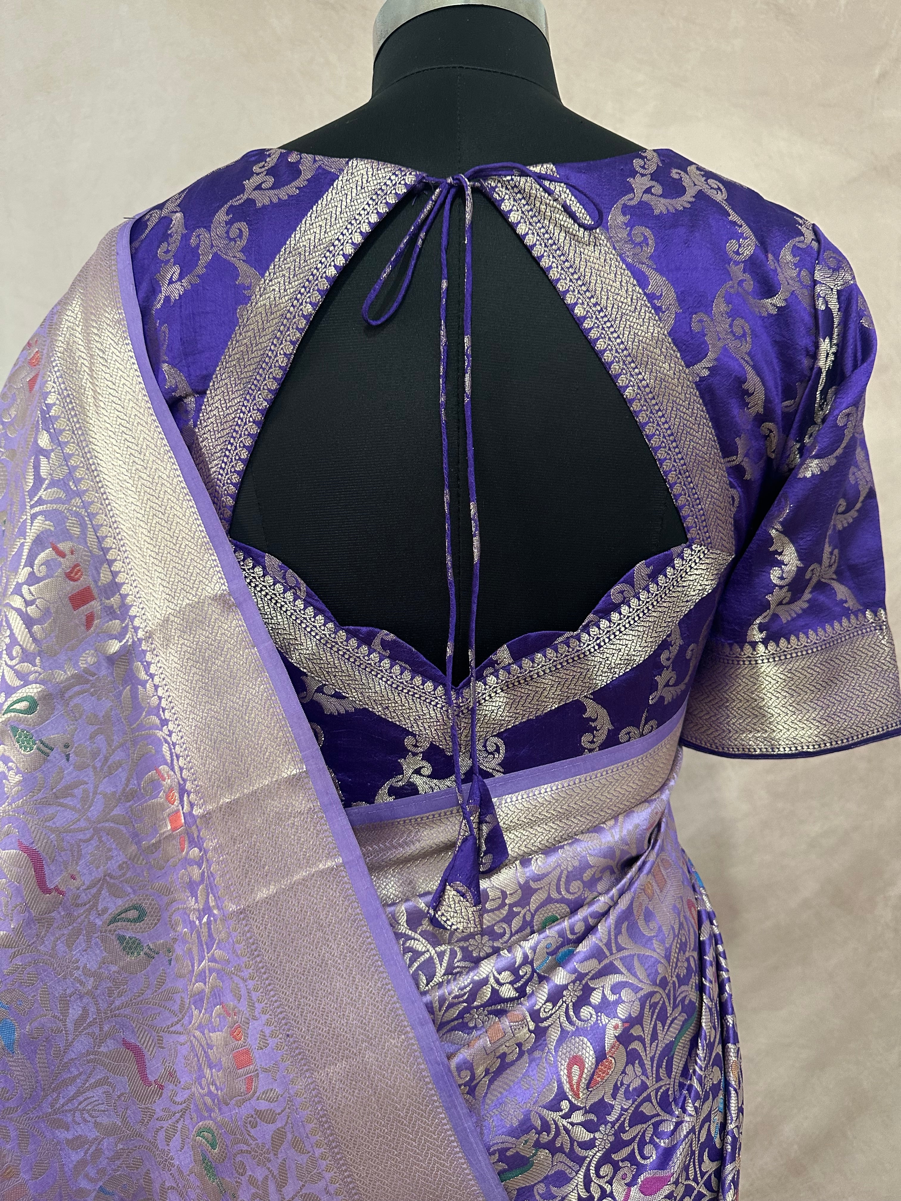 Silk saree with bird motif and meerankari weave, stitched blouse