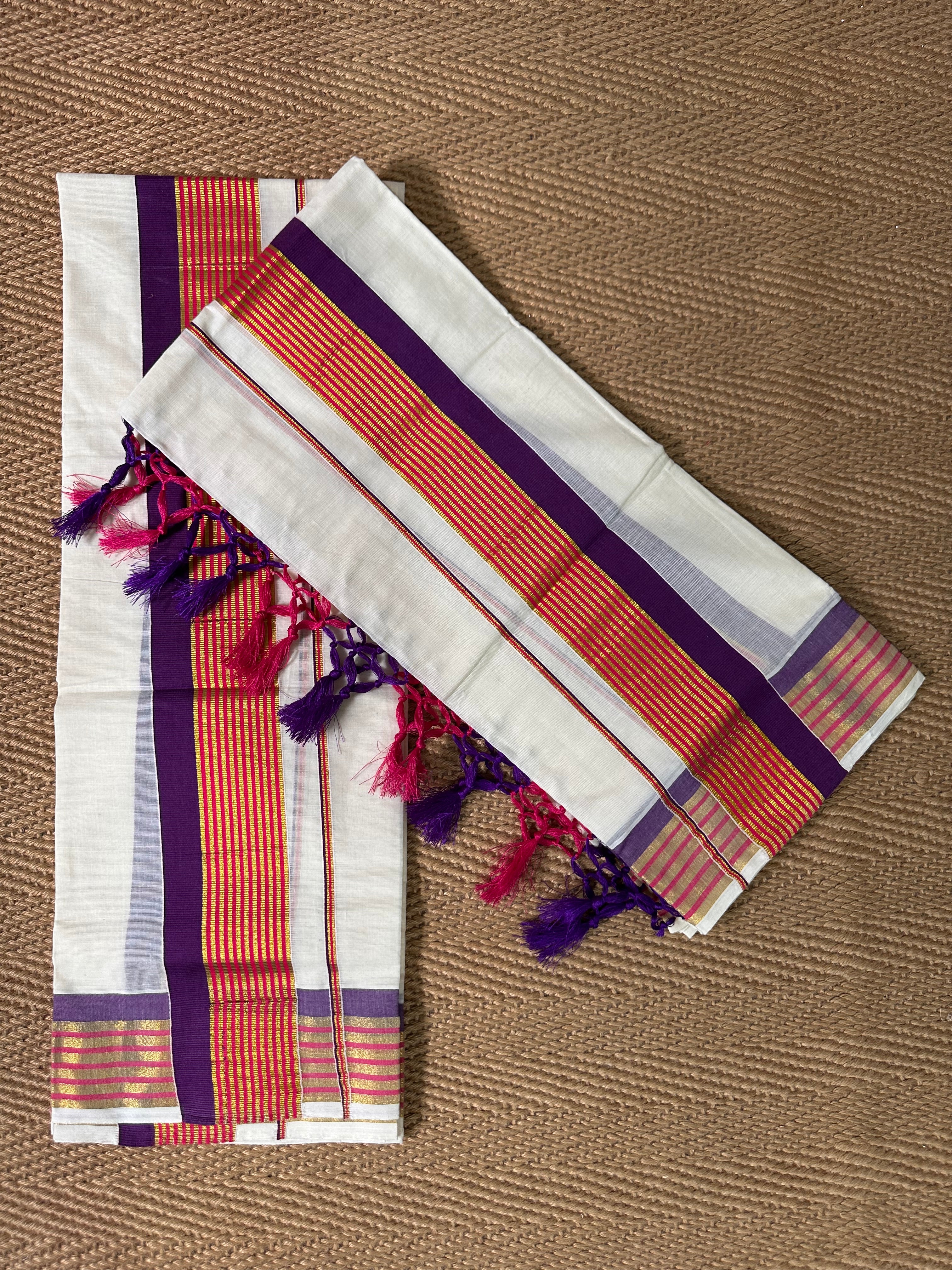 Purple pink and gold border set mundu