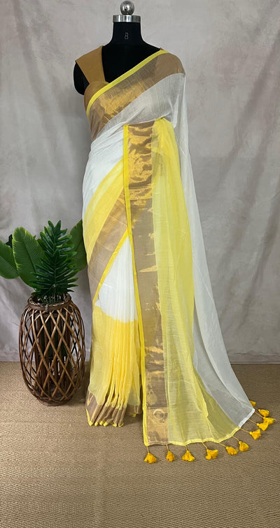 Mulcotton saree with half yellow and gold border (no Pico and fall)