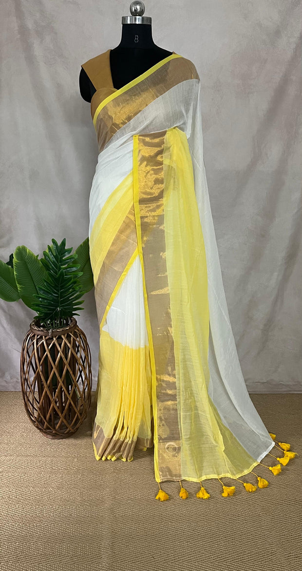 Mulcotton saree with half yellow and gold border (no Pico and fall)