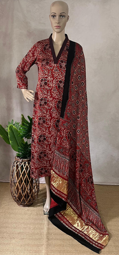 Modal silk kurti with Ajrakh hand block print