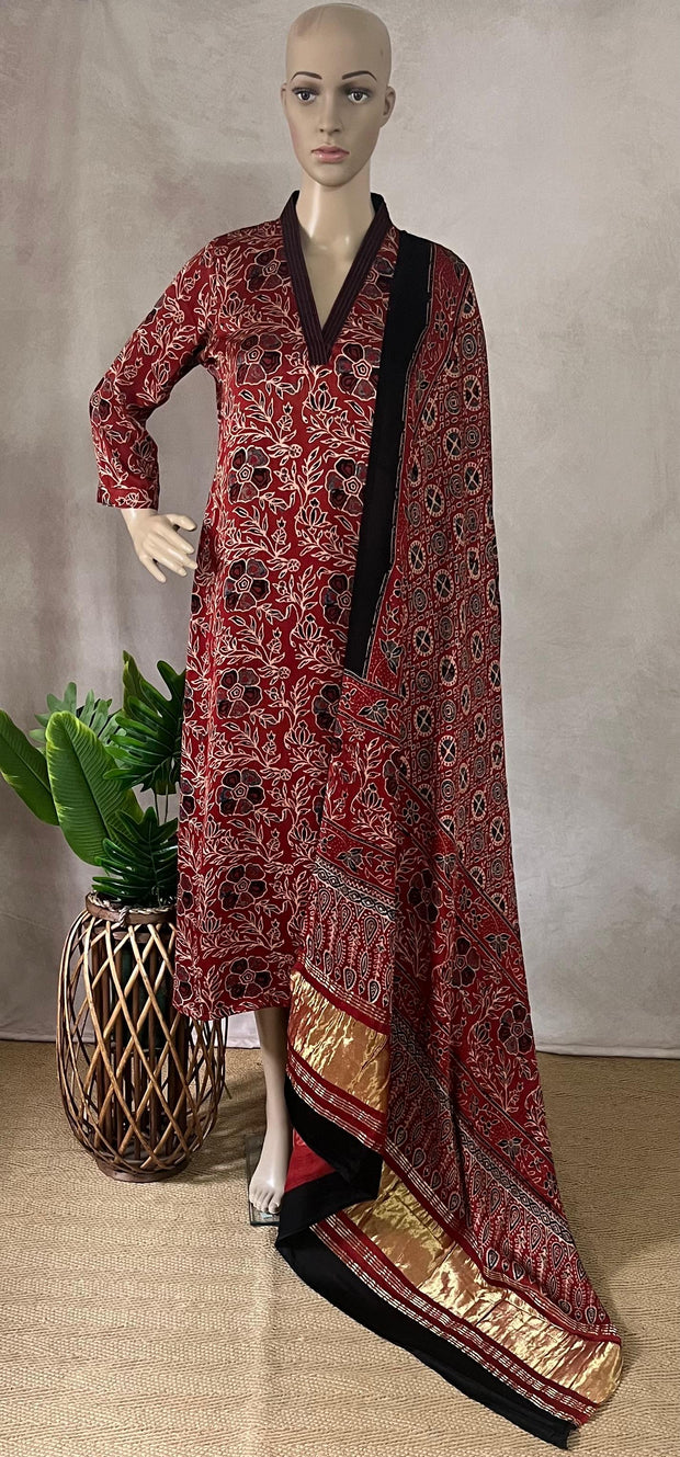 Modal silk kurti with Ajrakh hand block print