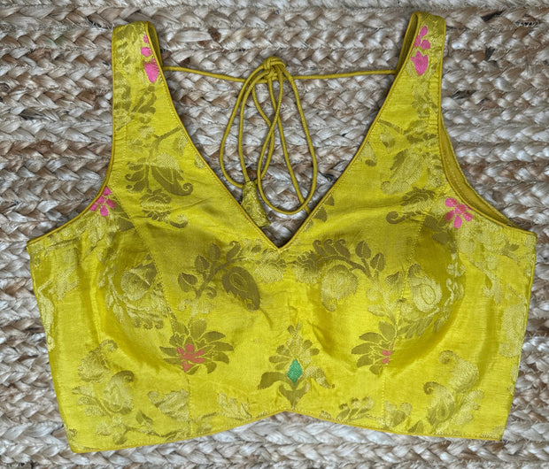 Yellow banarsi sleeveless blouse