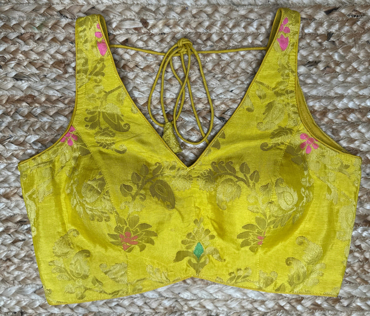 Yellow banarsi sleeveless blouse