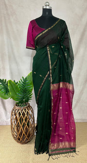 Pure Green Maheshwari silk saree with stitched blouse