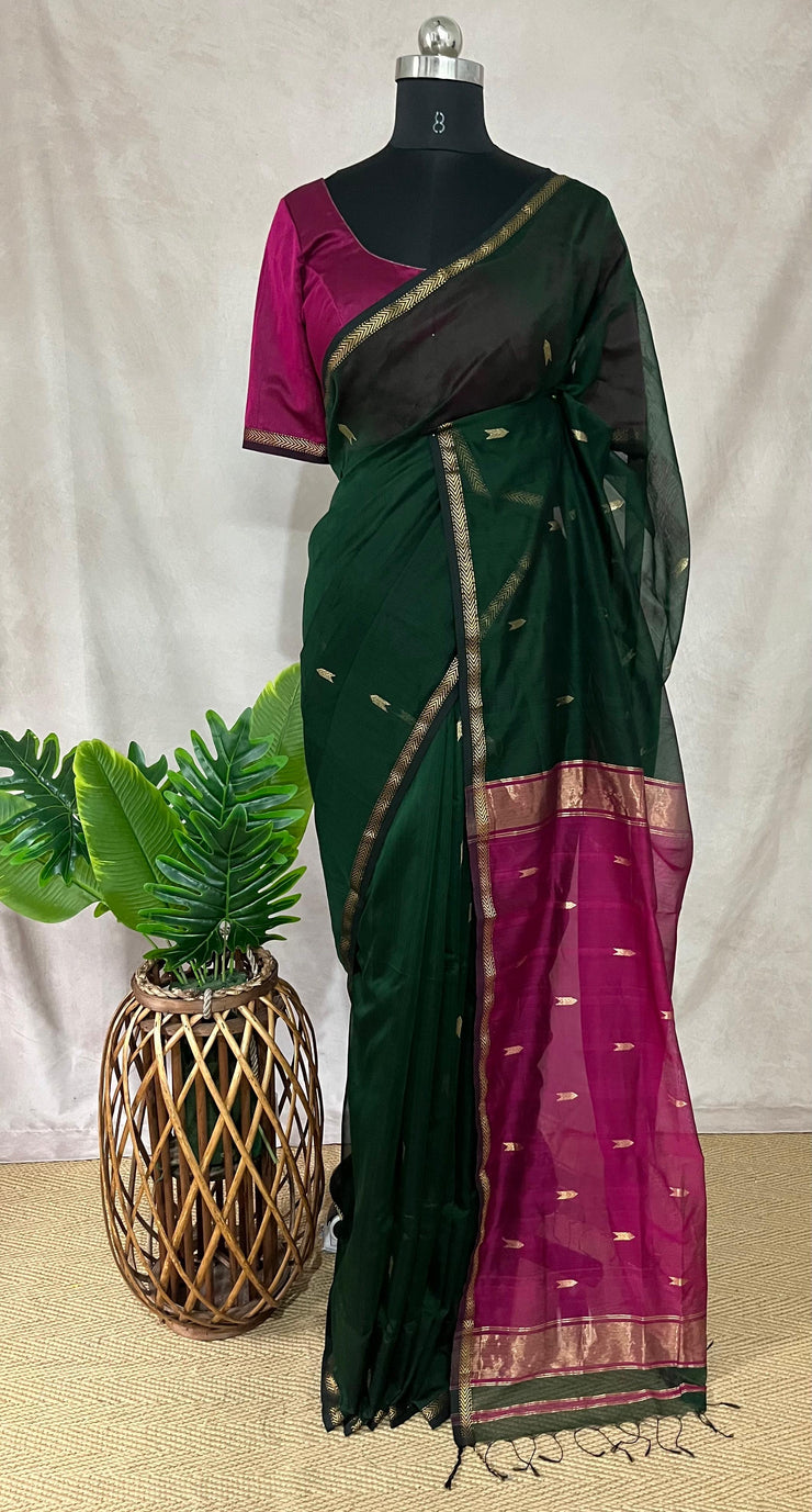 Pure Green Maheshwari silk saree with stitched blouse