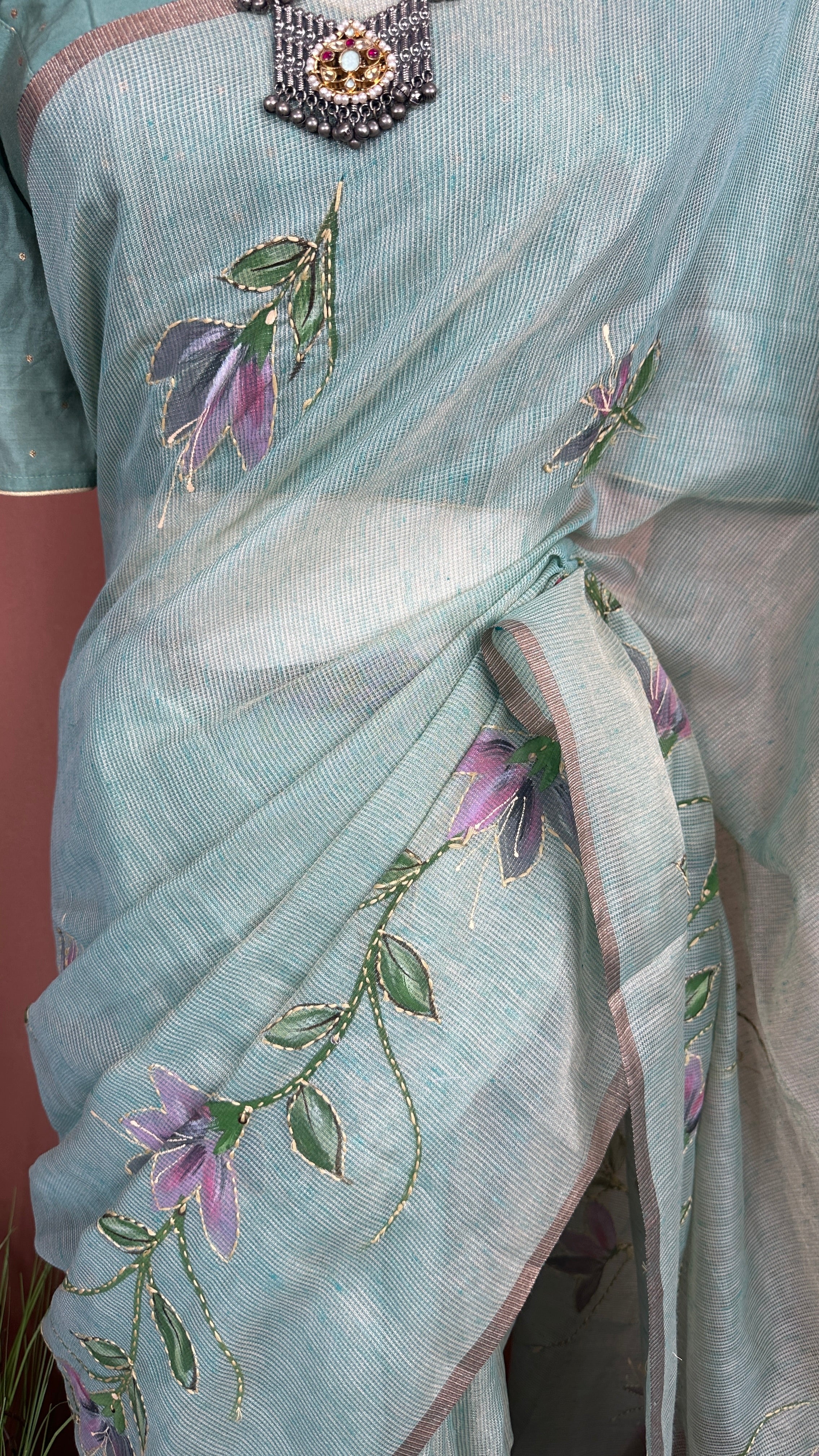 Kotta tissue silk saree with hand paint and work , with stitched blouse
