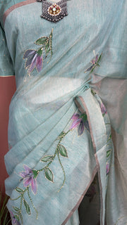 Kotta tissue silk saree with hand paint and work , with stitched blouse