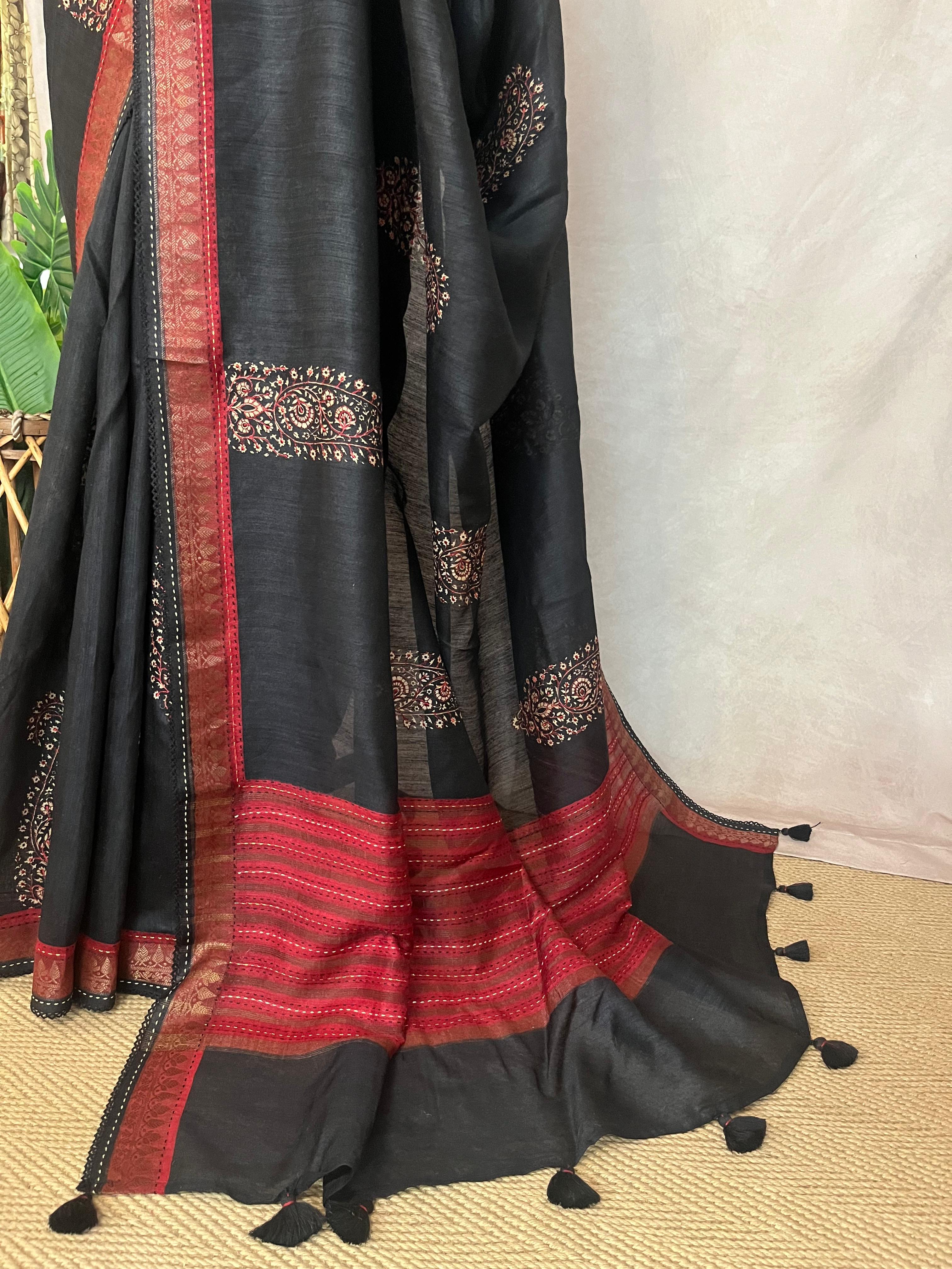Black and red blended tussar silk saree the block print and highlighted with embroidery, with BP