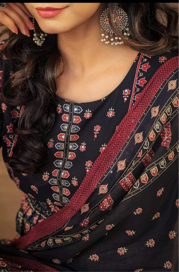 Black cotton flared kurti with bottom and dupatta