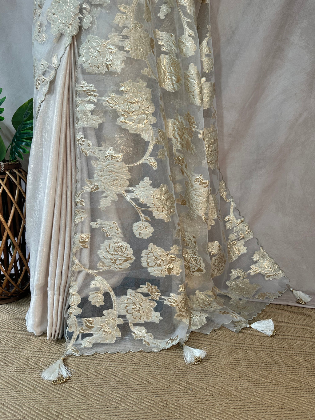 Off white turkkish organza saree with stitched blouse